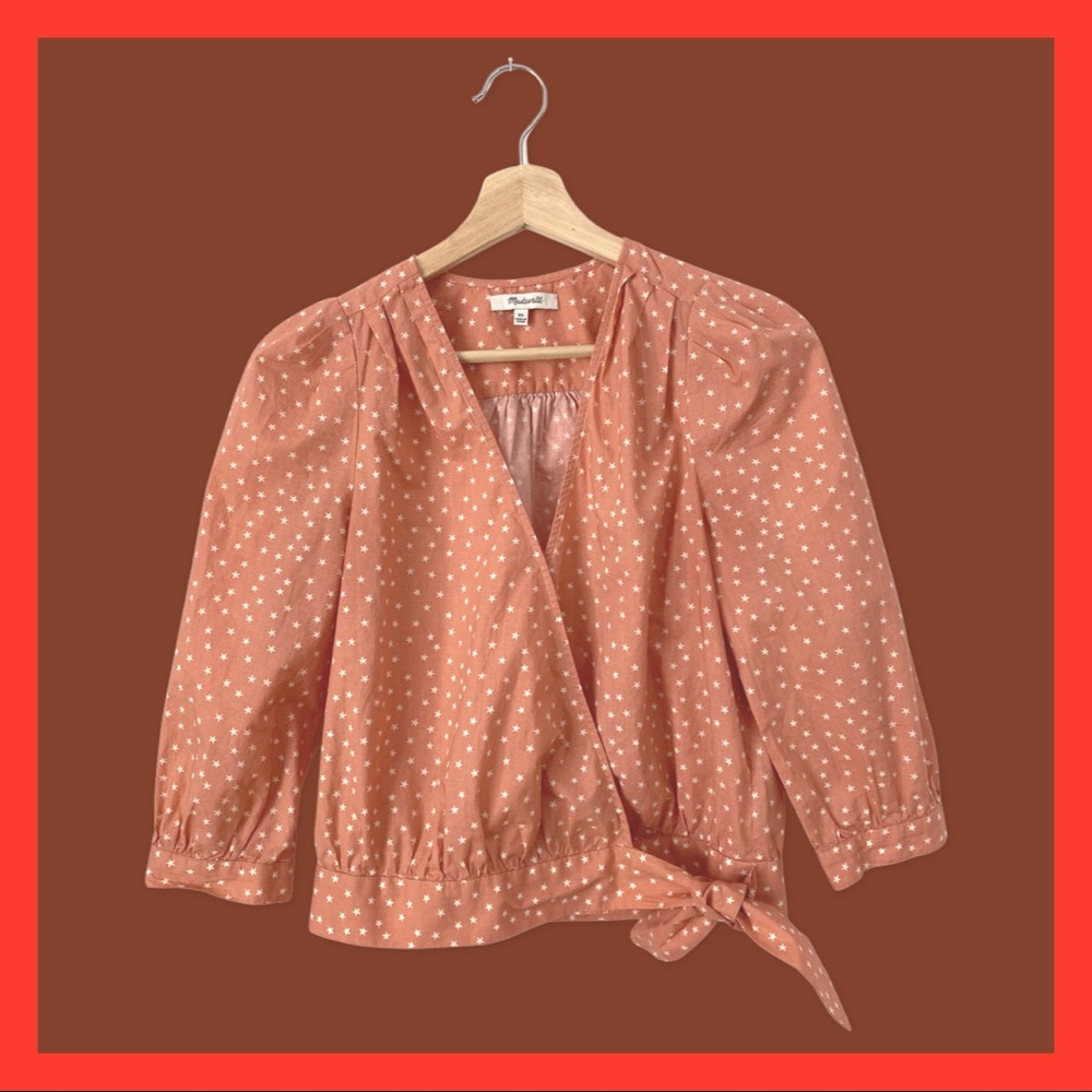 Madewell XS, Coral Wrap Top with White Stars, Ties with Bow/Secures with Snap